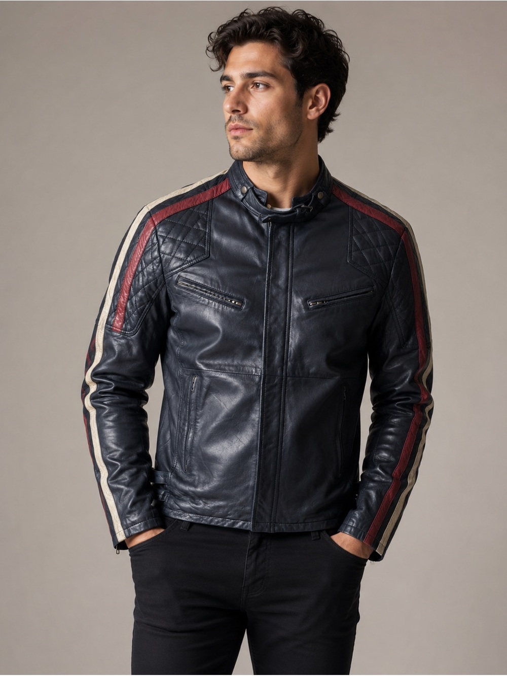 Firetrap - Vintage Navy Leather Jacket with Stripes